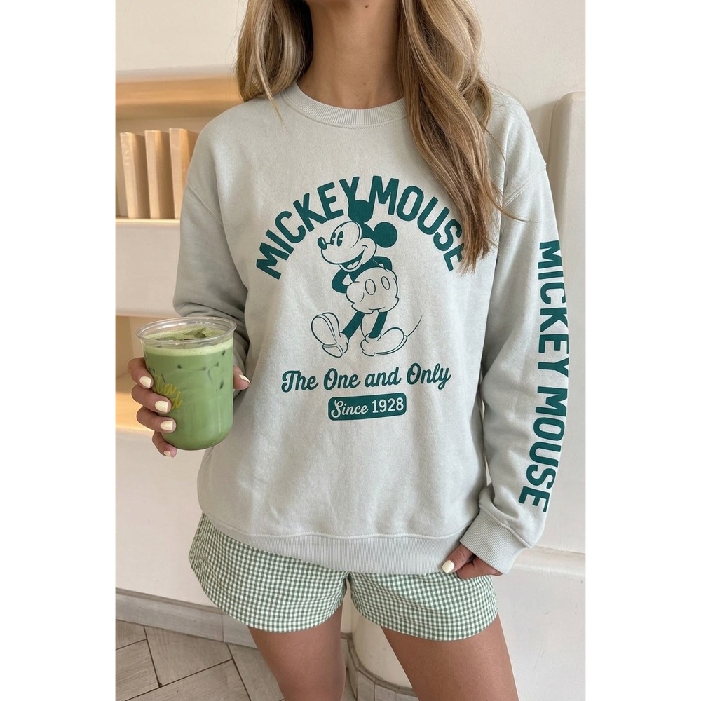 Disney Mickey Mouse Crewneck Sweatshirt Sage Green Graphic Pullover L Soft